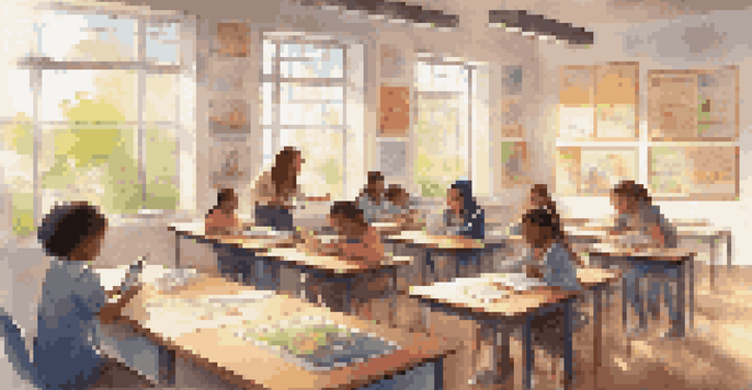 A bright classroom filled with diverse students using tablets to access educational resources, with sunlight streaming in.
