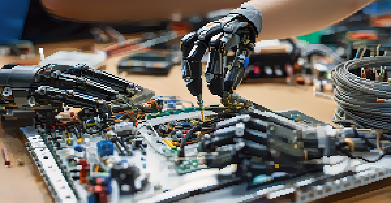 A close-up of a student's hands assembling a robot, showcasing tools and components on the workspace.