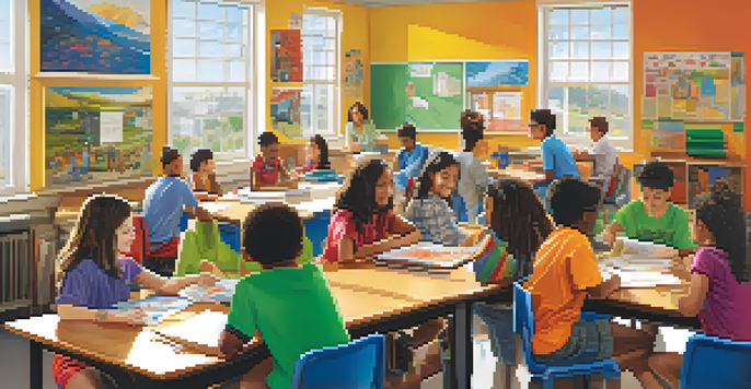 A lively classroom with diverse students collaborating on group activities, surrounded by colorful educational posters and natural light.