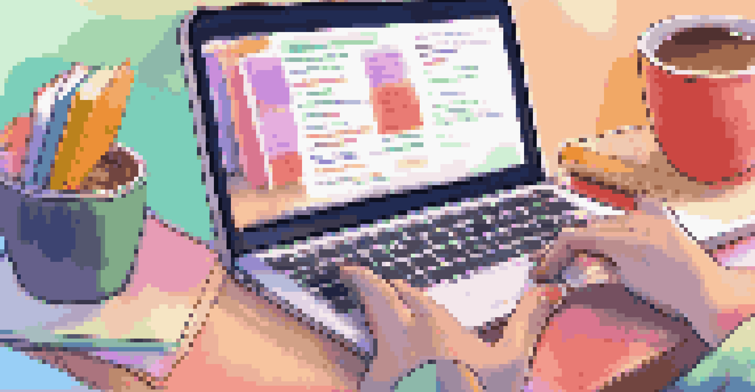 Hands typing on a laptop displaying interactive quizzes, with books and a coffee cup in the background.