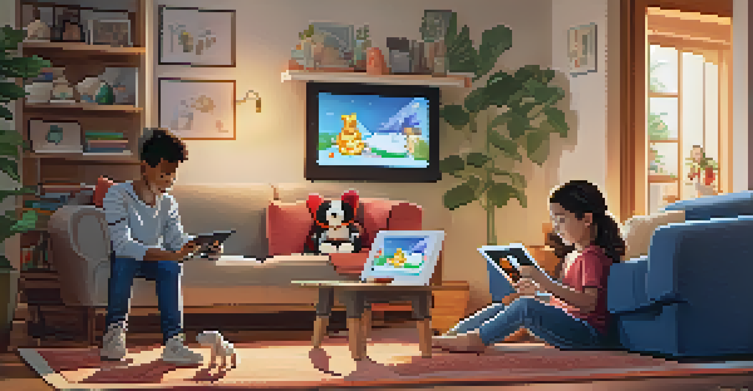 A parent and child in a living room using a tablet for augmented reality coloring, with an interactive animal on screen.