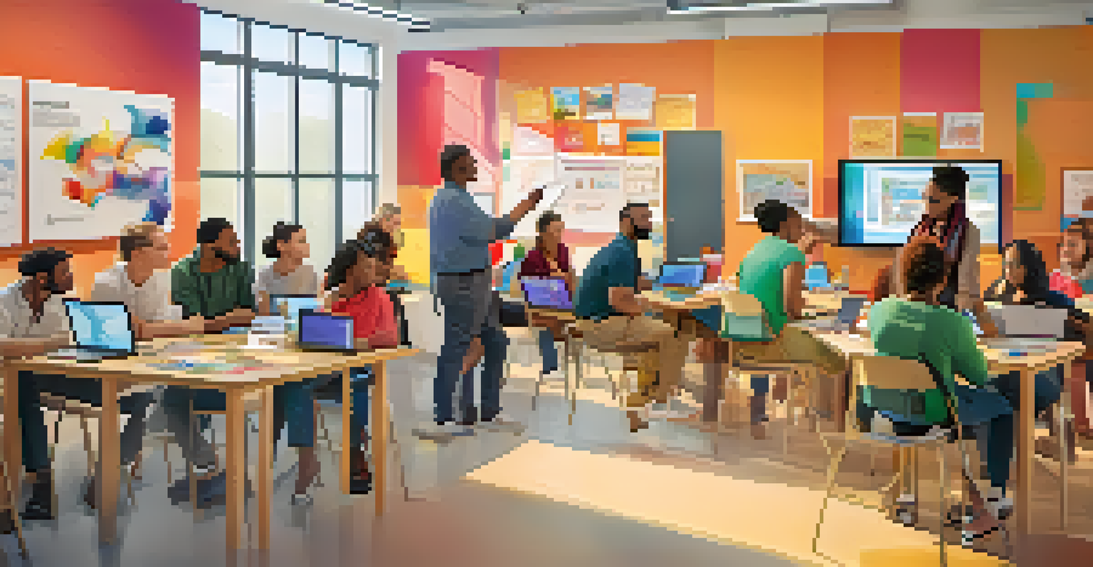 A diverse group of people participating in a workshop in a modern classroom, with interactive displays and colorful posters about learning pathways.