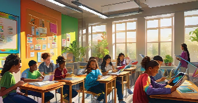 A lively classroom filled with students of different backgrounds engaging in learning through books, tablets, and laptops, with colorful decorations and natural light.