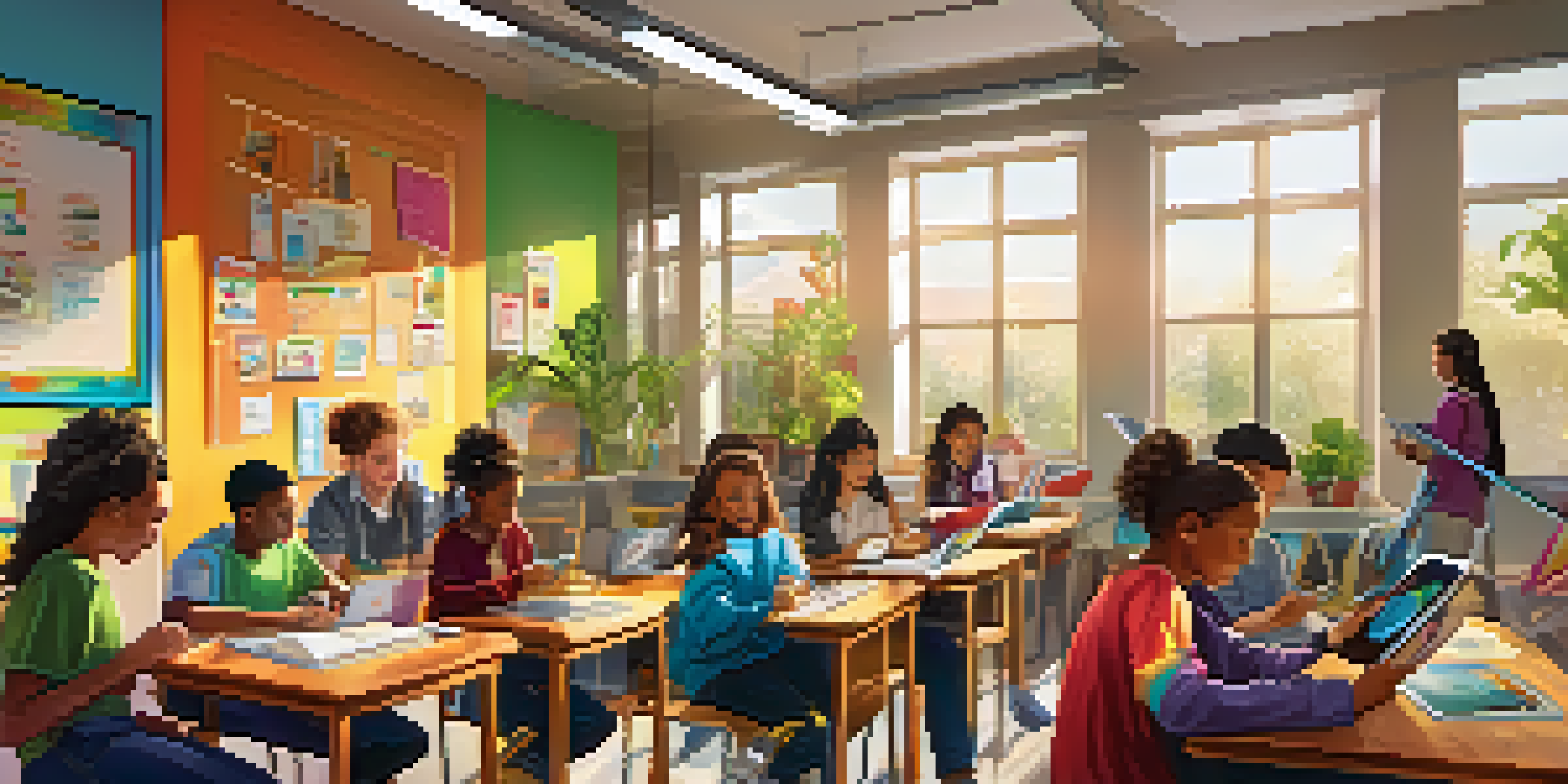 A lively classroom filled with students of different backgrounds engaging in learning through books, tablets, and laptops, with colorful decorations and natural light.
