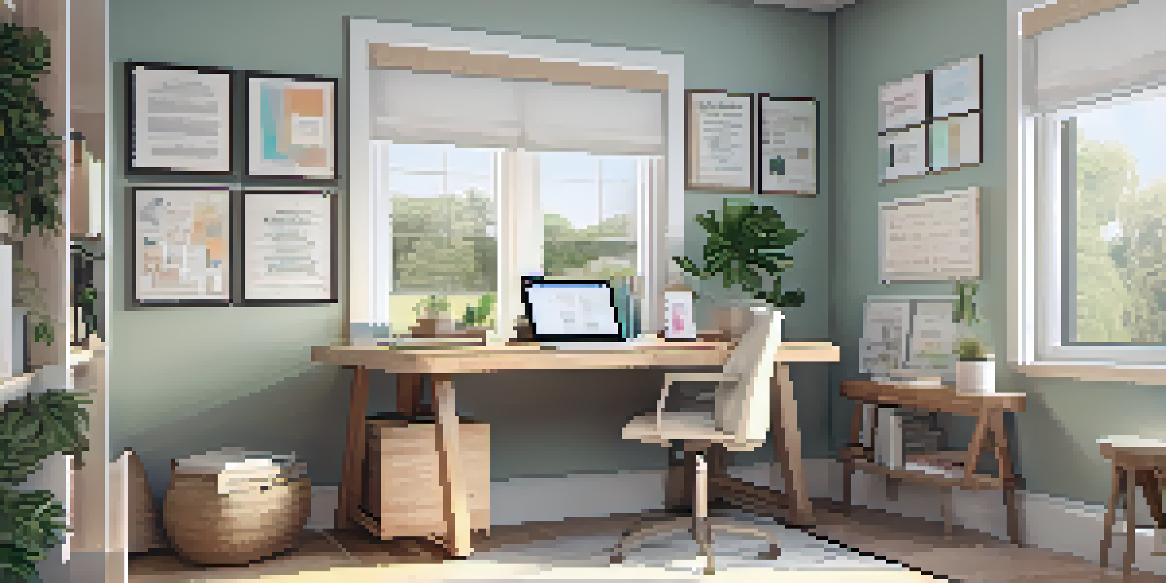 A bright home office with a laptop, books, and plants, highlighting a peaceful learning environment.