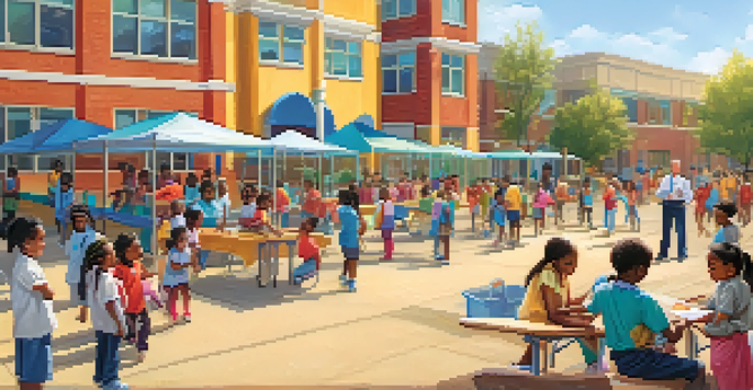 A lively schoolyard with children getting vaccinated, healthcare professionals, and parents interacting in a sunny environment.