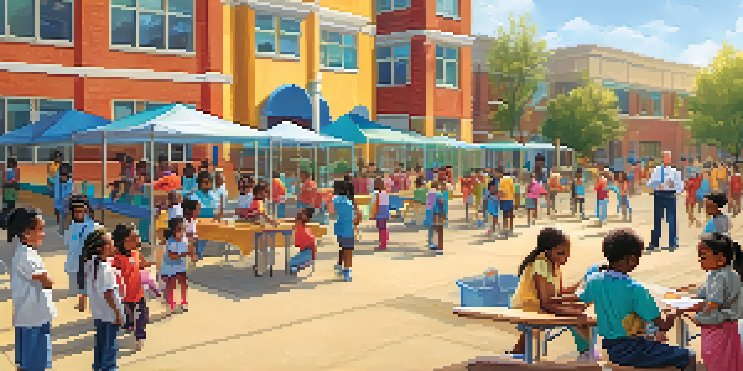 A lively schoolyard with children getting vaccinated, healthcare professionals, and parents interacting in a sunny environment.