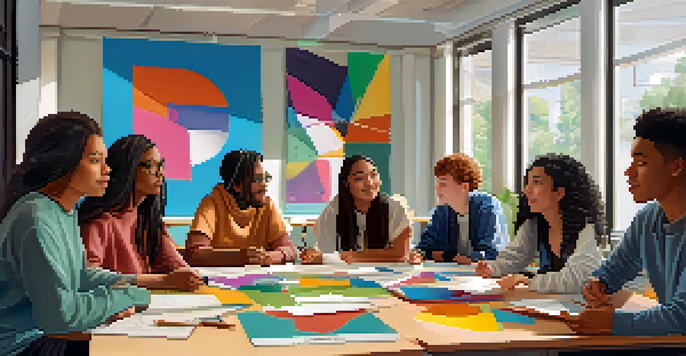 A diverse group of students collaborating and discussing assessment design around a table in a bright classroom.