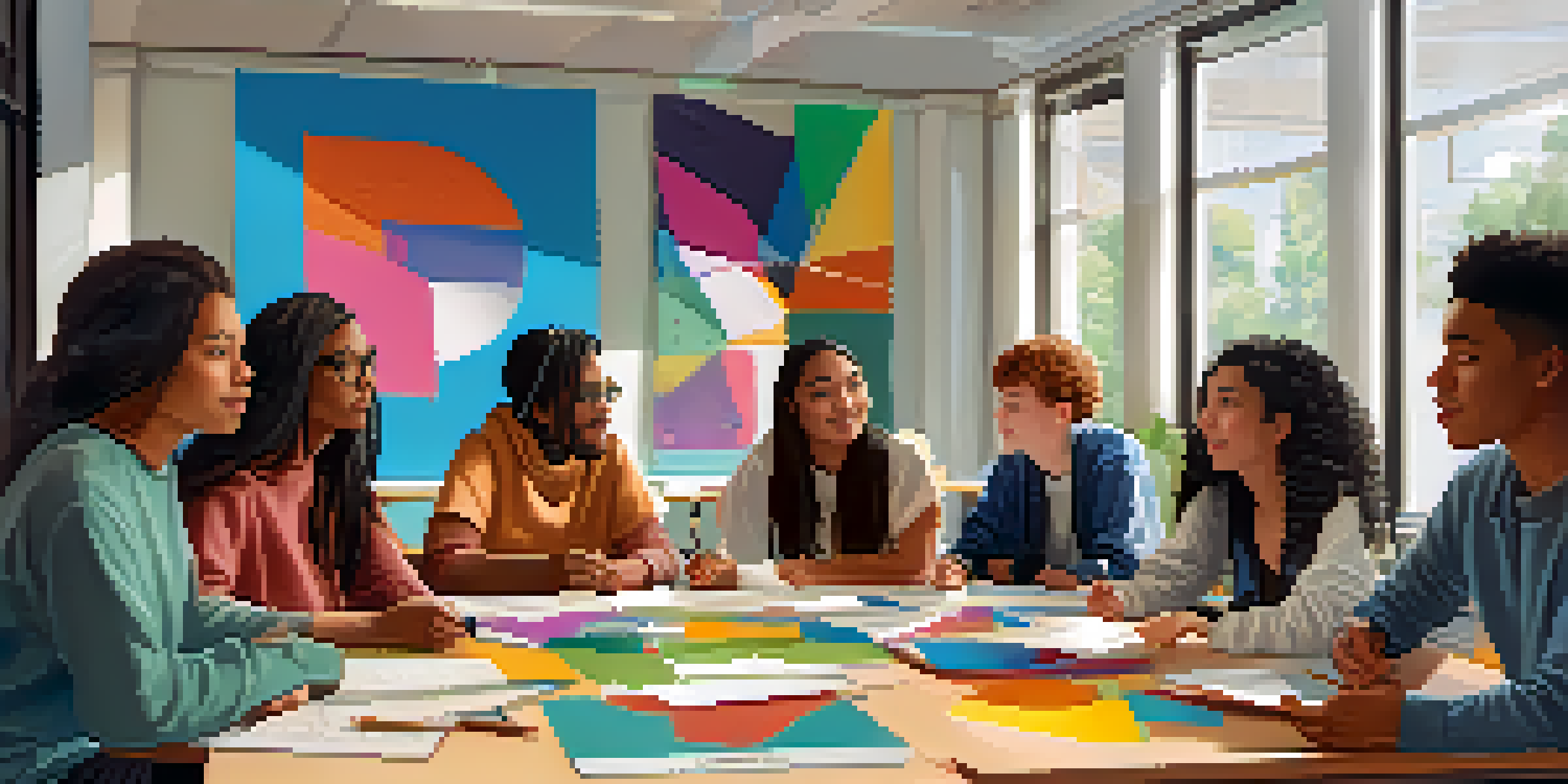 A diverse group of students collaborating and discussing assessment design around a table in a bright classroom.