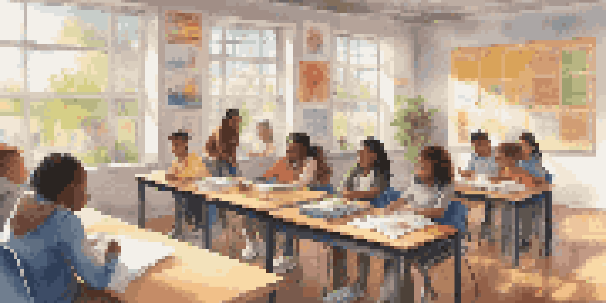 A diverse classroom with students using laptops and a teacher facilitating a discussion, colorful posters on the walls, and sunlight streaming through the windows.