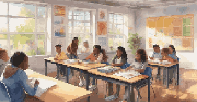 A diverse classroom with students using laptops and a teacher facilitating a discussion, colorful posters on the walls, and sunlight streaming through the windows.