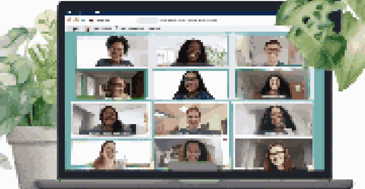 A computer screen showing a virtual meeting with smiling students, surrounded by motivational decor in a cozy workspace.