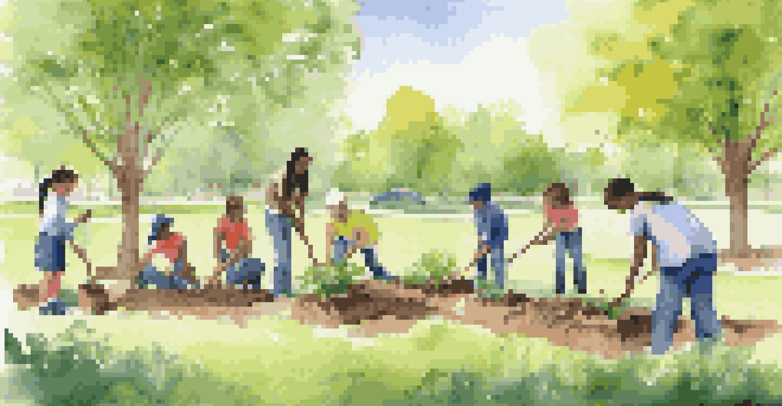 Students from various backgrounds planting trees in a sunny park, demonstrating teamwork and engagement with nature.