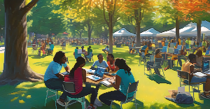 A diverse group of people gathered in a park for a community meeting about digital equity, surrounded by technology and colorful banners.