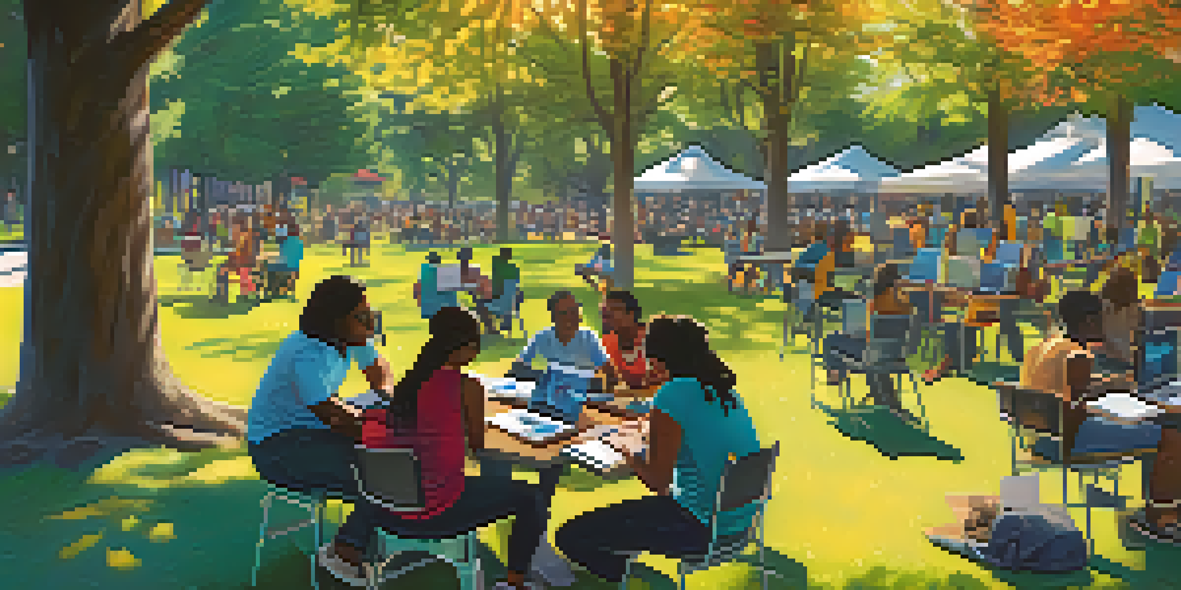 A diverse group of people gathered in a park for a community meeting about digital equity, surrounded by technology and colorful banners.