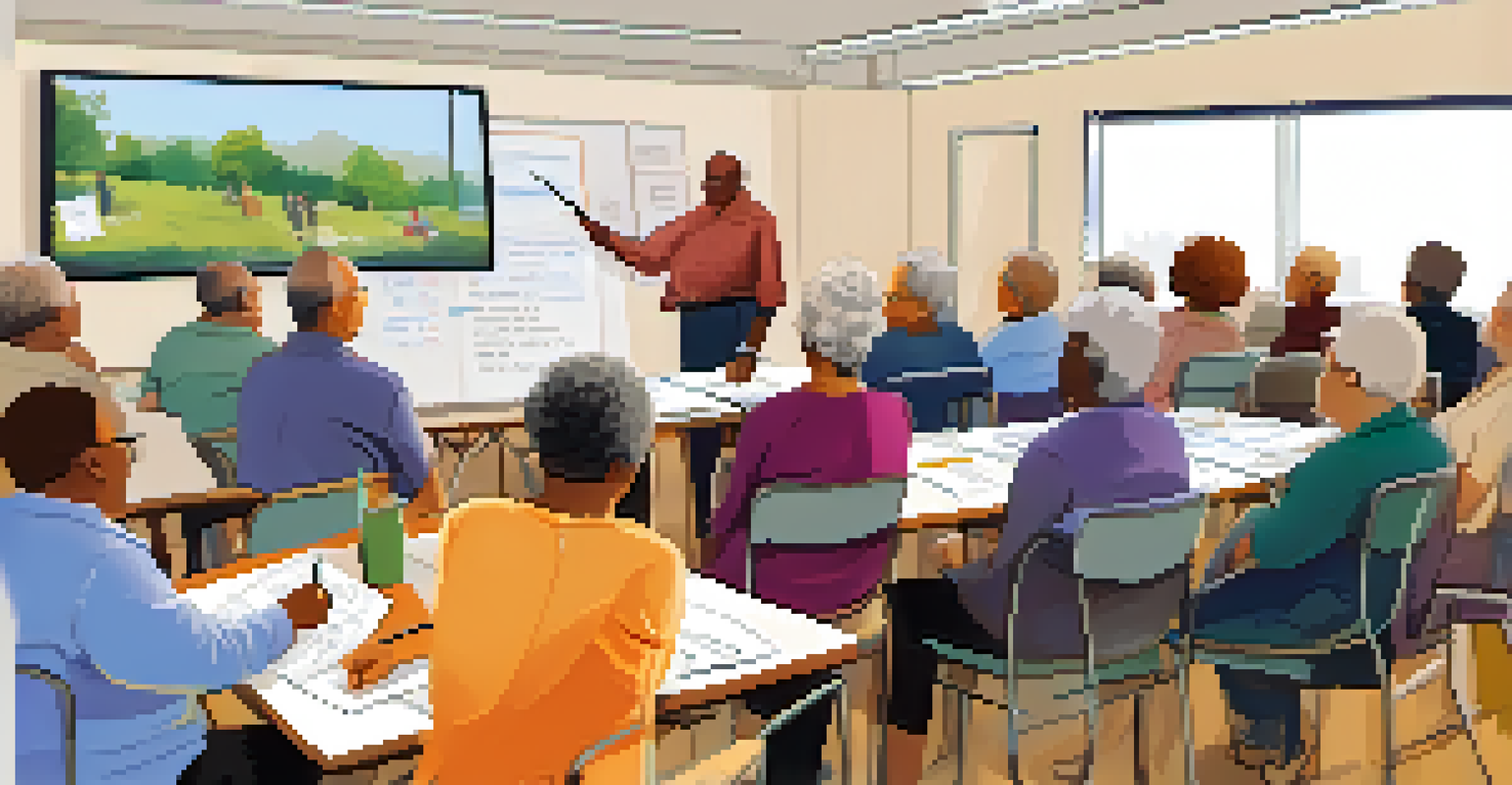 Seniors participating in a financial literacy workshop, with a presenter and a whiteboard filled with tips.