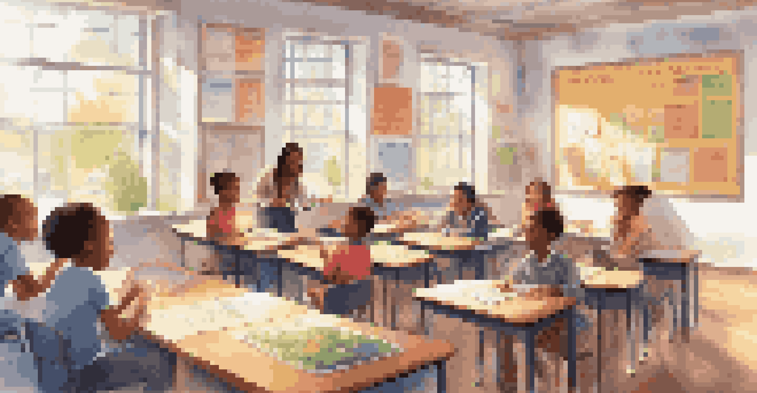 A teacher using a digital tablet in a colorful classroom while students engage in learning about public policy.