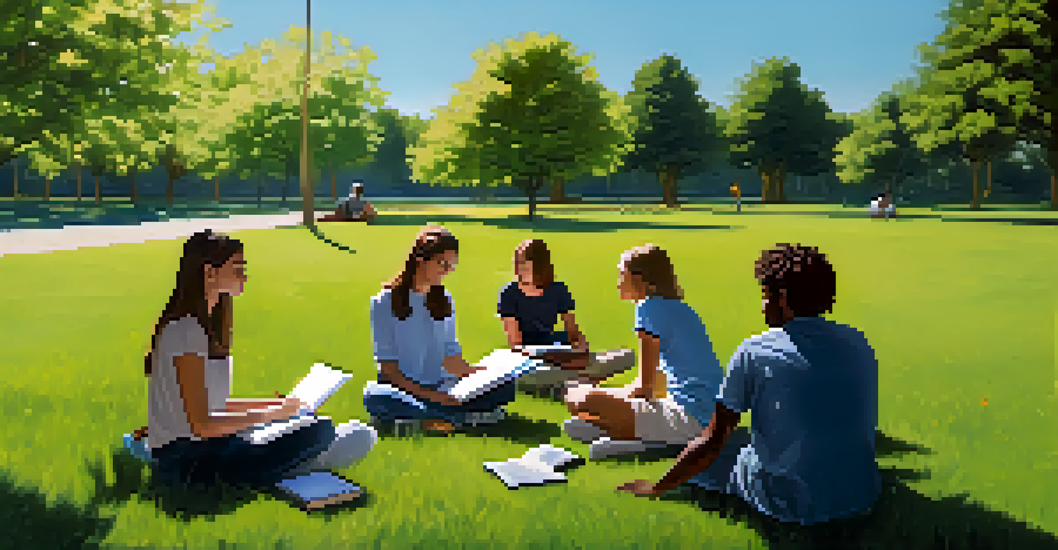 A diverse group of students studying outdoors on the grass, discussing while surrounded by trees and a clear blue sky.
