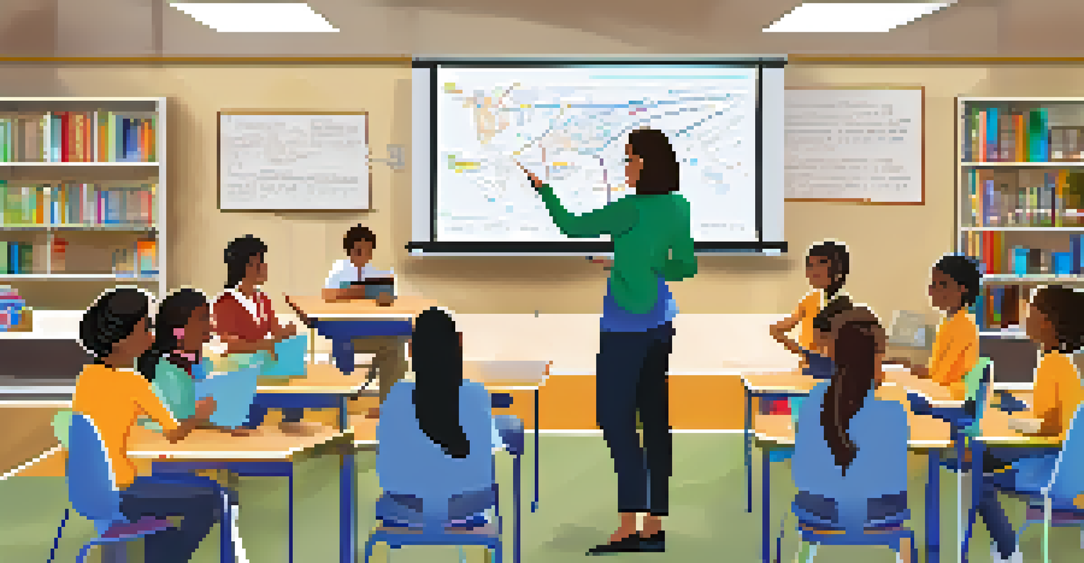 An educator teaching a scientific concept using a digital whiteboard in a vibrant classroom, surrounded by students and STEM resources.