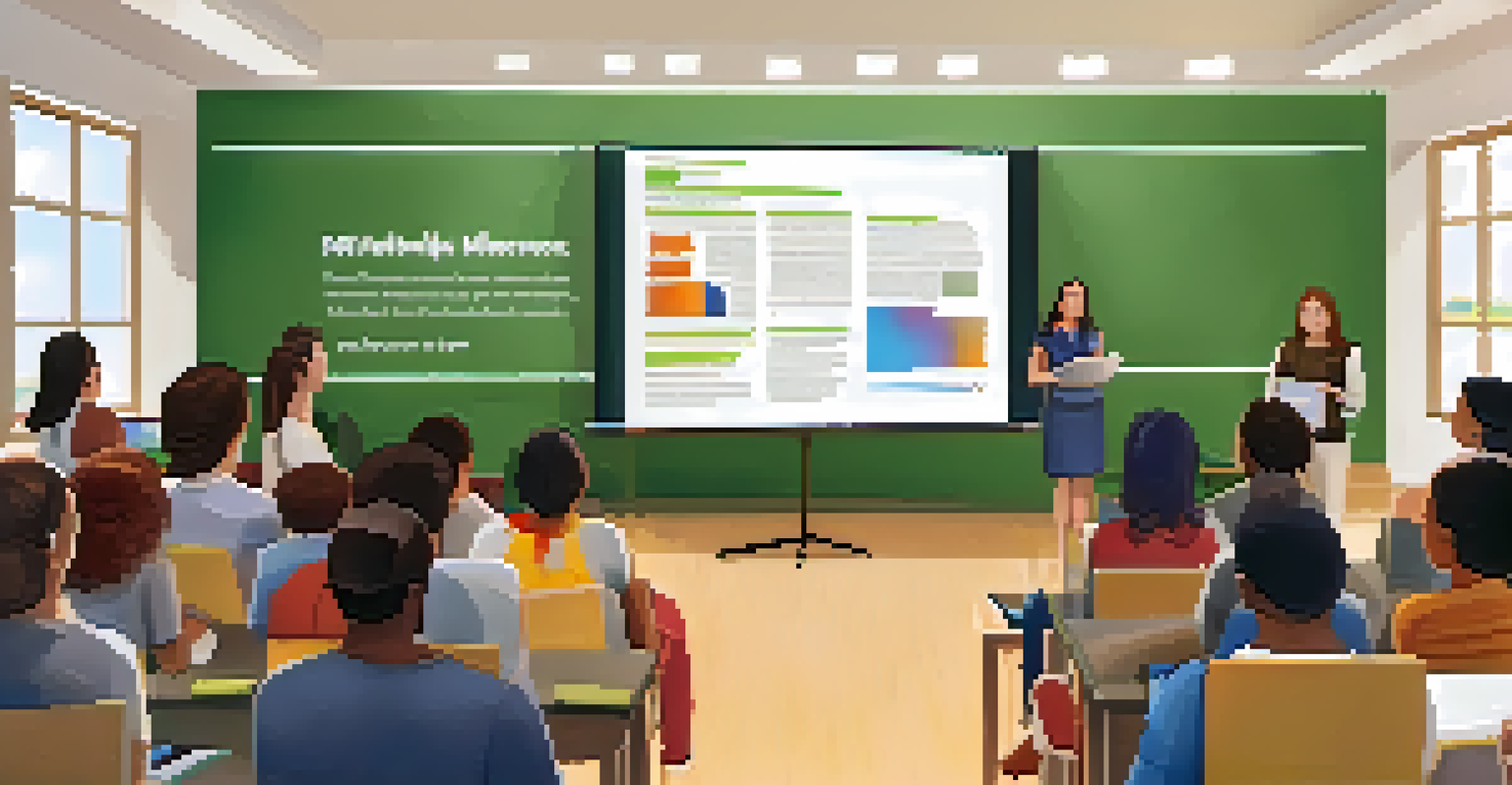 A teacher conducting a workshop for parents about social media in education, with parents engaged and presentation slides in the background.