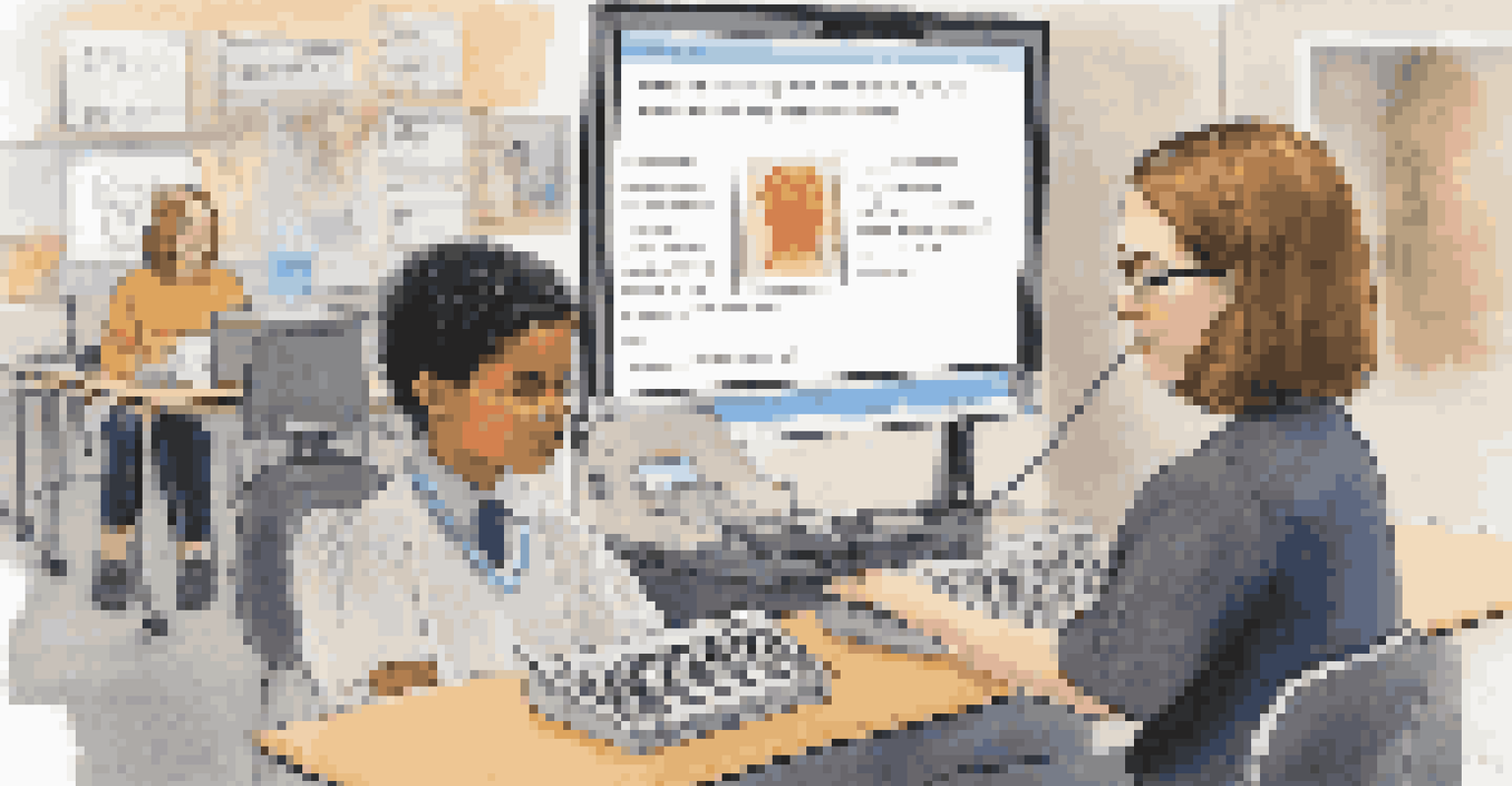 An educator helping a visually impaired student with assistive technology in a modern classroom.