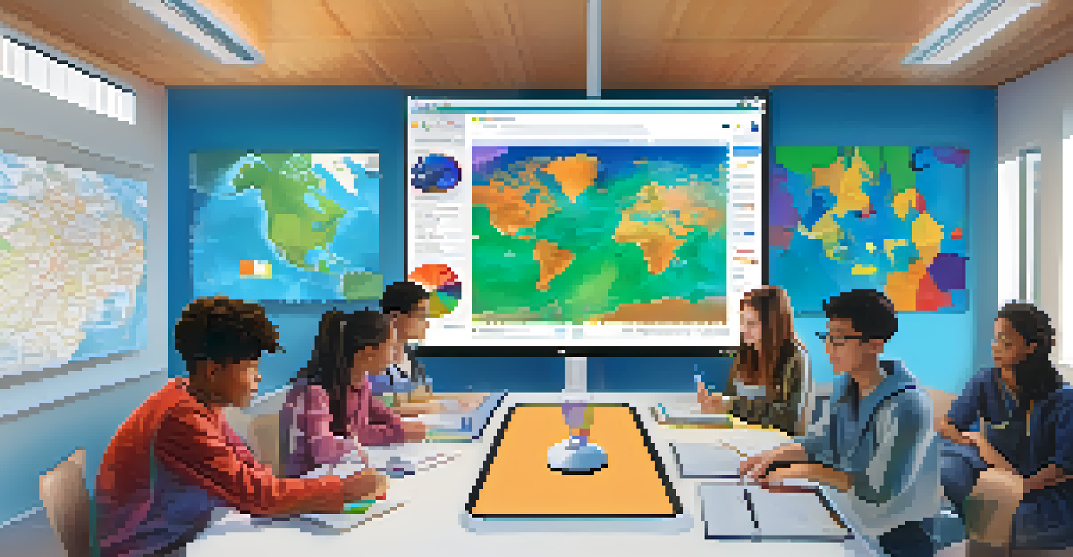 A virtual classroom where students from various cultures work together on a project using video conferencing.