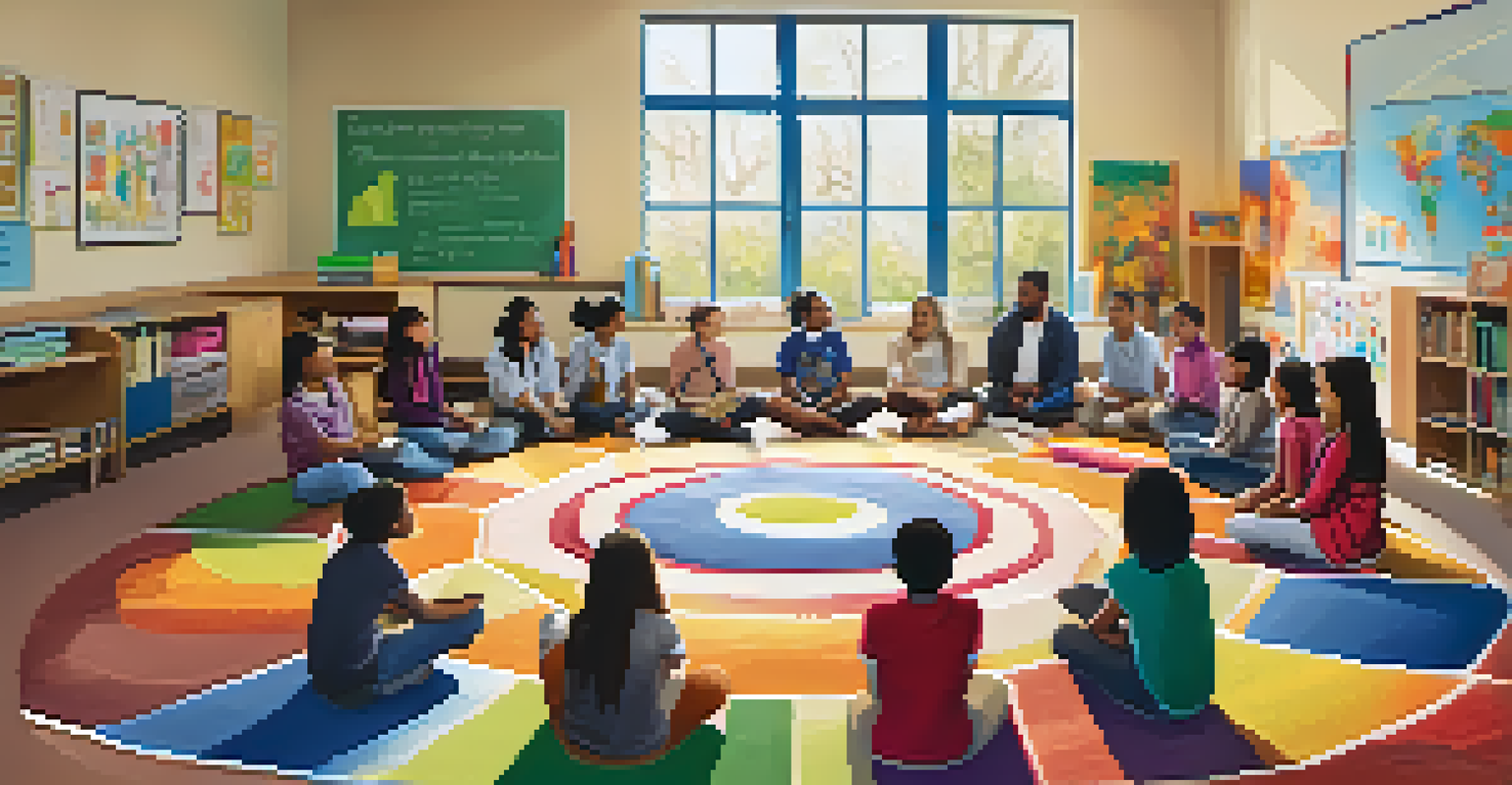 A teacher and students engaged in a discussion circle in a colorful classroom, promoting collaboration and emotional learning.