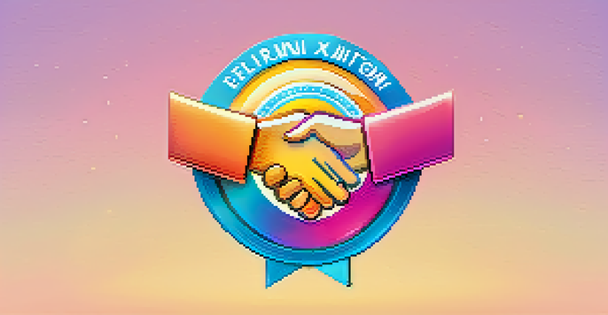 A colorful digital badge symbolizing community engagement, with shaking hands and a heart design.