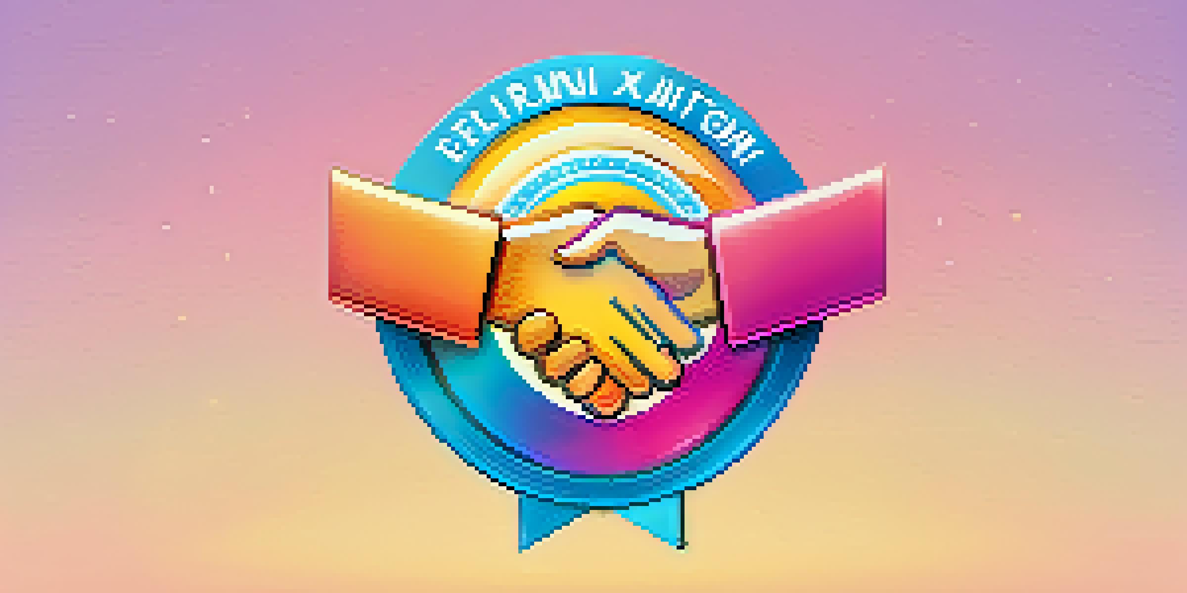 A colorful digital badge symbolizing community engagement, with shaking hands and a heart design.