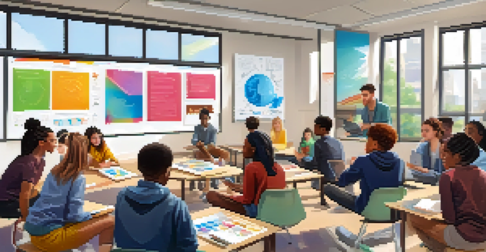 A diverse group of students in a bright classroom, collaborating with technology and each other in a learning circle.