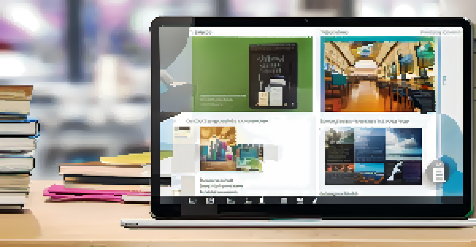 A close-up view of a digital portfolio on a tablet, featuring colorful images, text, and video thumbnails.