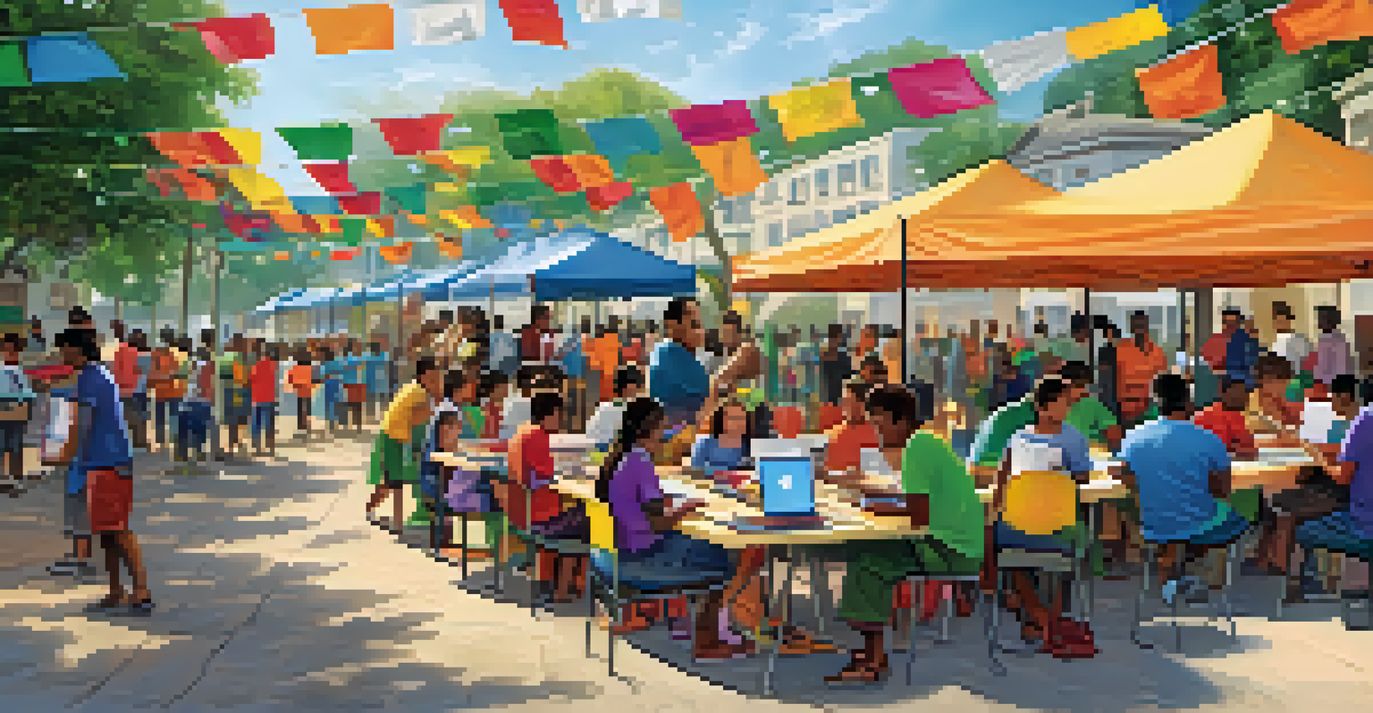 Families receiving free laptops at a community event, with colorful banners promoting digital access and volunteers assisting.