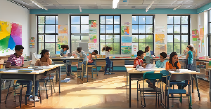 A bright classroom with diverse students actively participating in collaborative learning activities using laptops and interactive whiteboards.