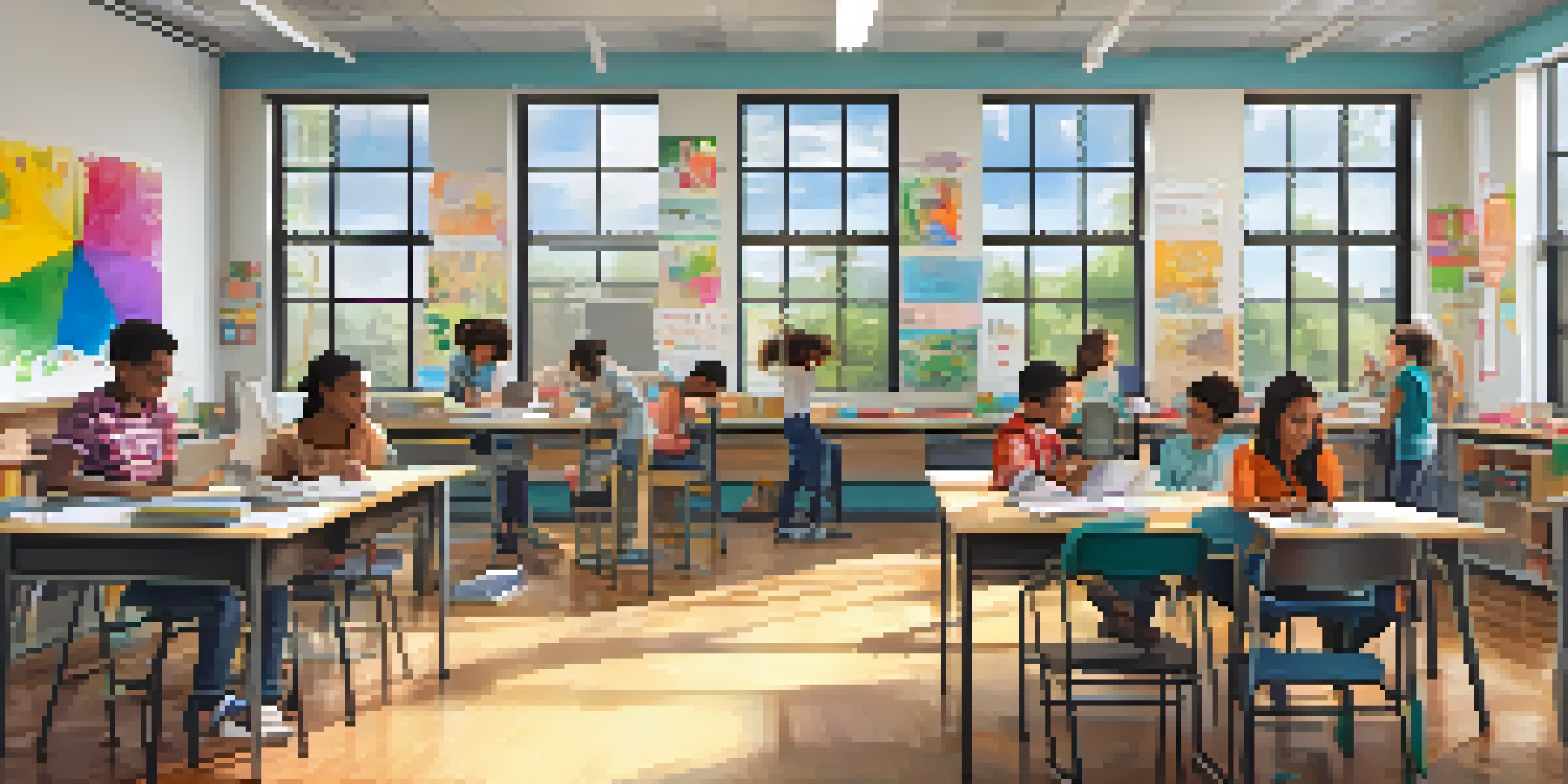 A bright classroom with diverse students actively participating in collaborative learning activities using laptops and interactive whiteboards.