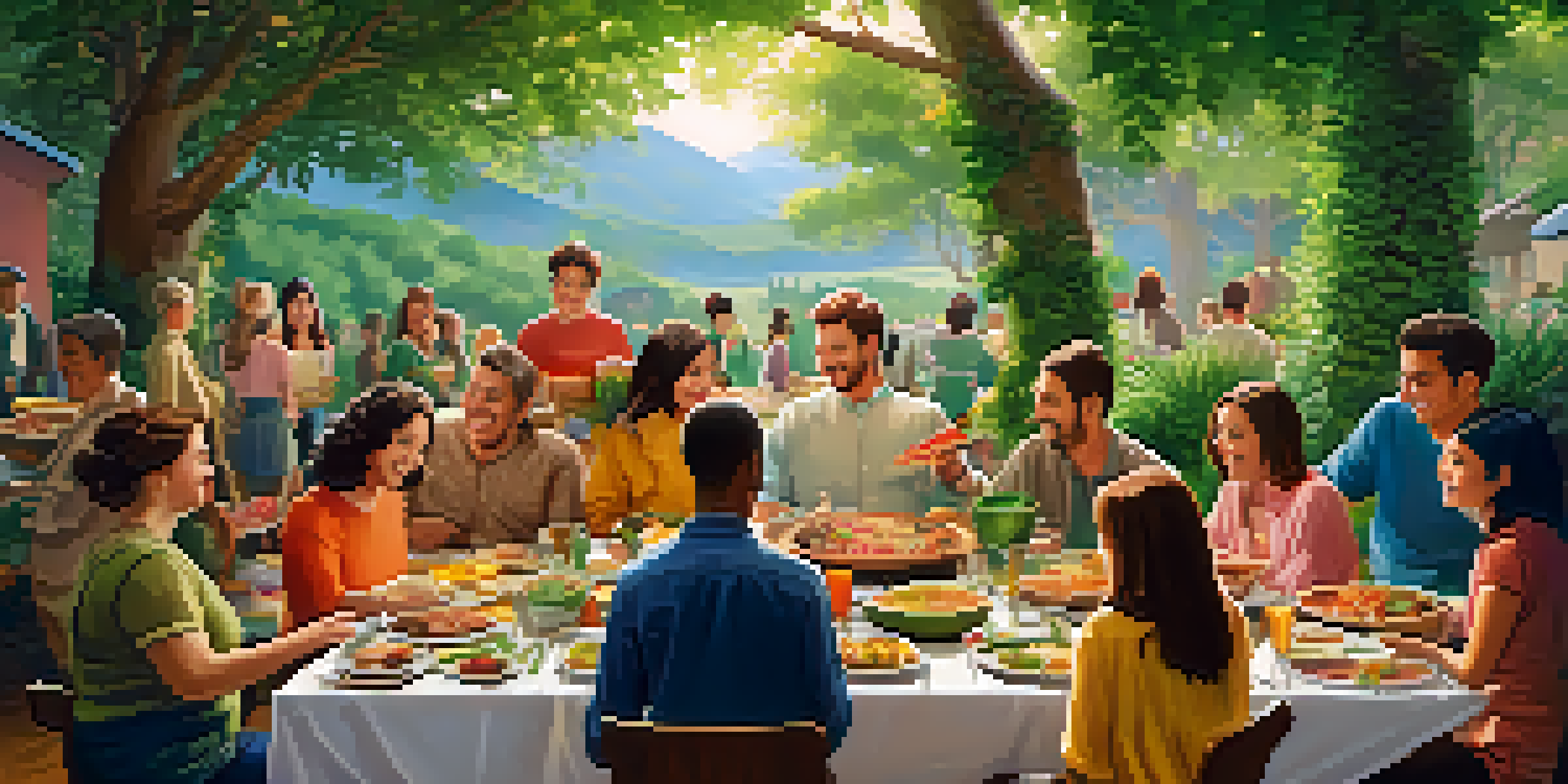 A diverse group of people enjoying a potluck dinner with various colorful dishes on a wooden table in a cozy setting.