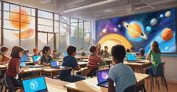 A lively classroom with students using tablets and projectors, engaging with multimedia tools and an animated video about the solar system.
