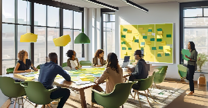 A diverse team of professionals collaborating in a bright conference room filled with natural light, sharing ideas with sticky notes and laptops on the table.