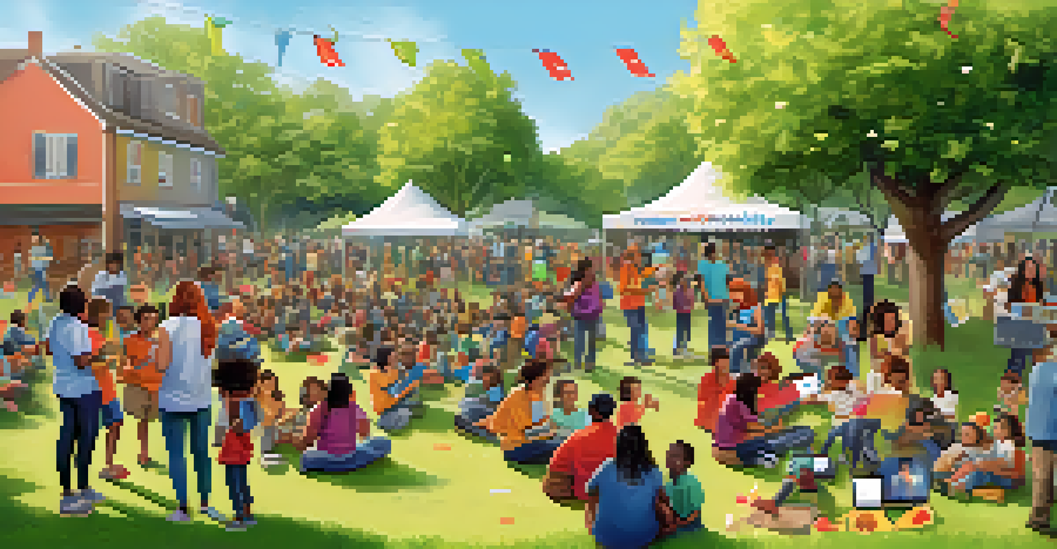 A community event in a park where volunteers distribute laptops and Wi-Fi to families, promoting digital equity.