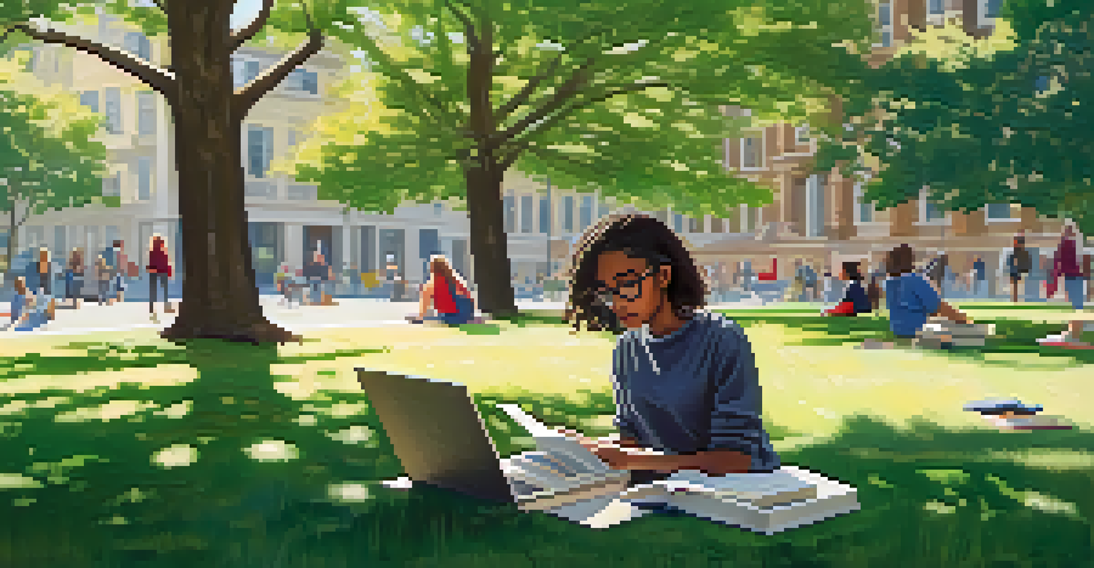 A student sitting on grass with open books and a laptop, deeply engaged in learning on a sunny day.
