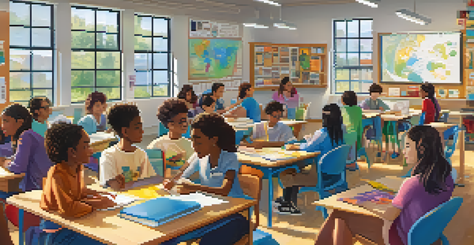 A lively classroom with students collaborating in groups, using laptops and tablets, with bright educational posters on the walls and sunlight coming through the windows.