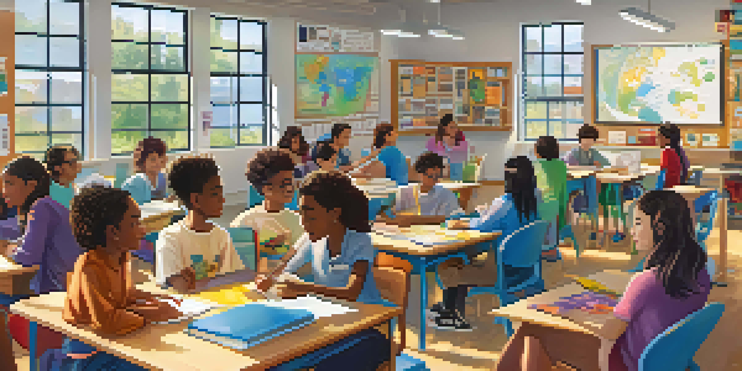 A lively classroom with students collaborating in groups, using laptops and tablets, with bright educational posters on the walls and sunlight coming through the windows.