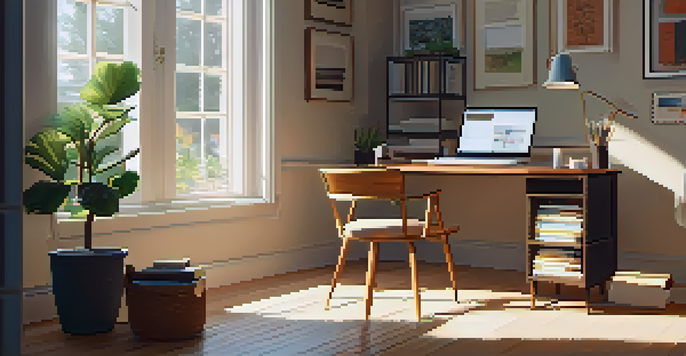 A bright study area with a desk, laptop, books, and a plant, illuminated by sunlight from a window.