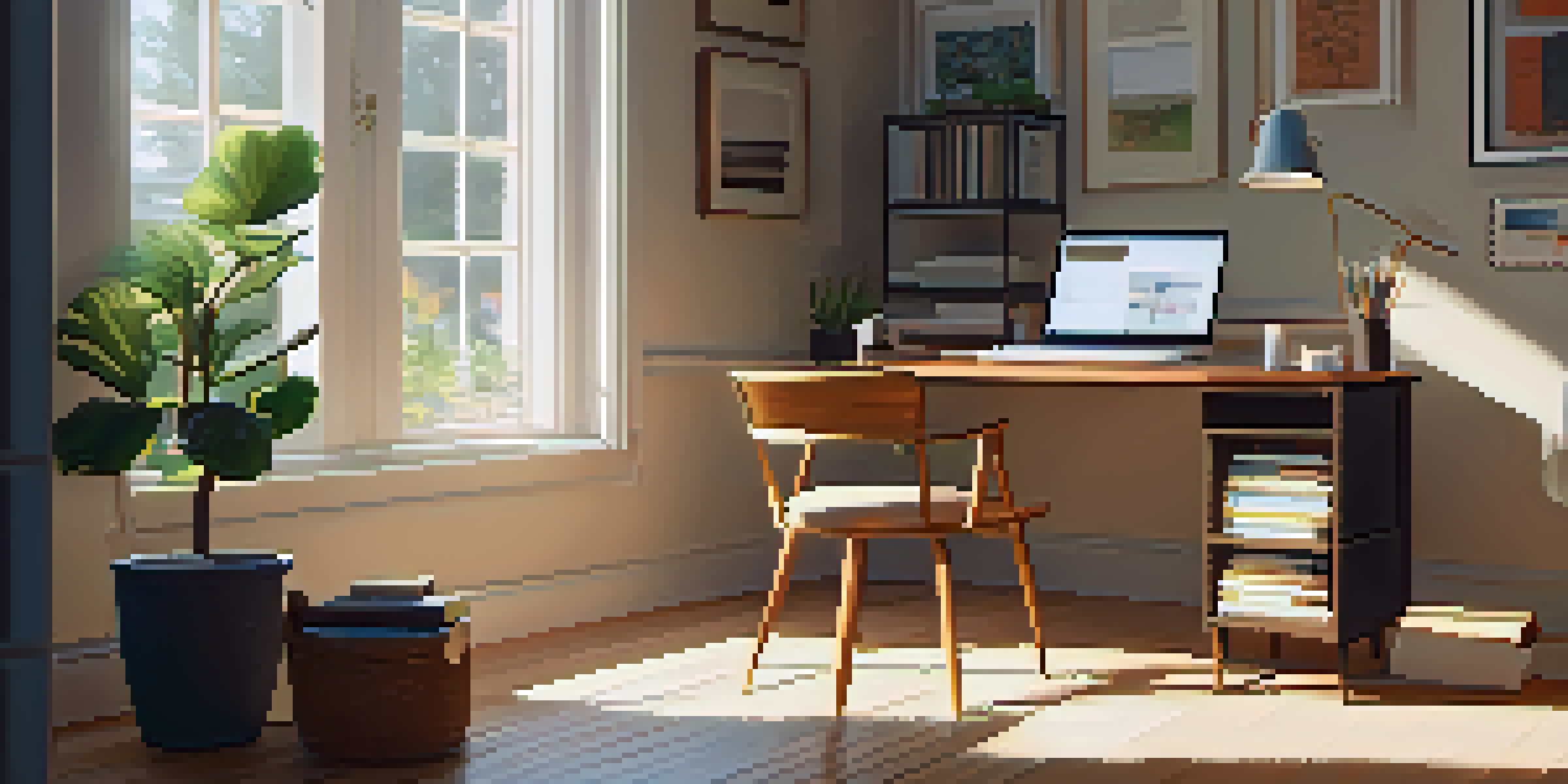 A bright study area with a desk, laptop, books, and a plant, illuminated by sunlight from a window.