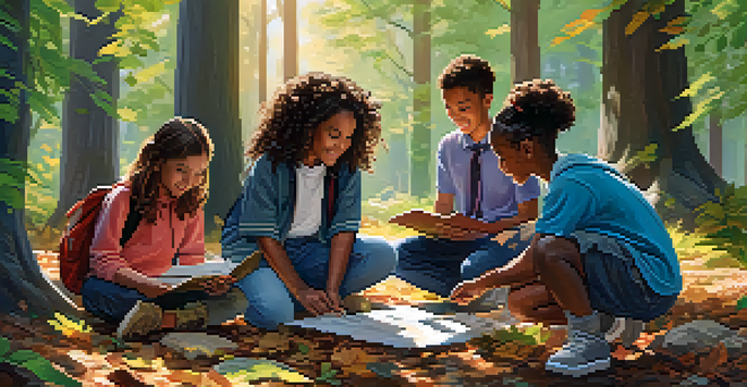 A diverse group of students participating in a nature scavenger hunt in a colorful forest, exploring the natural surroundings with joy and teamwork.