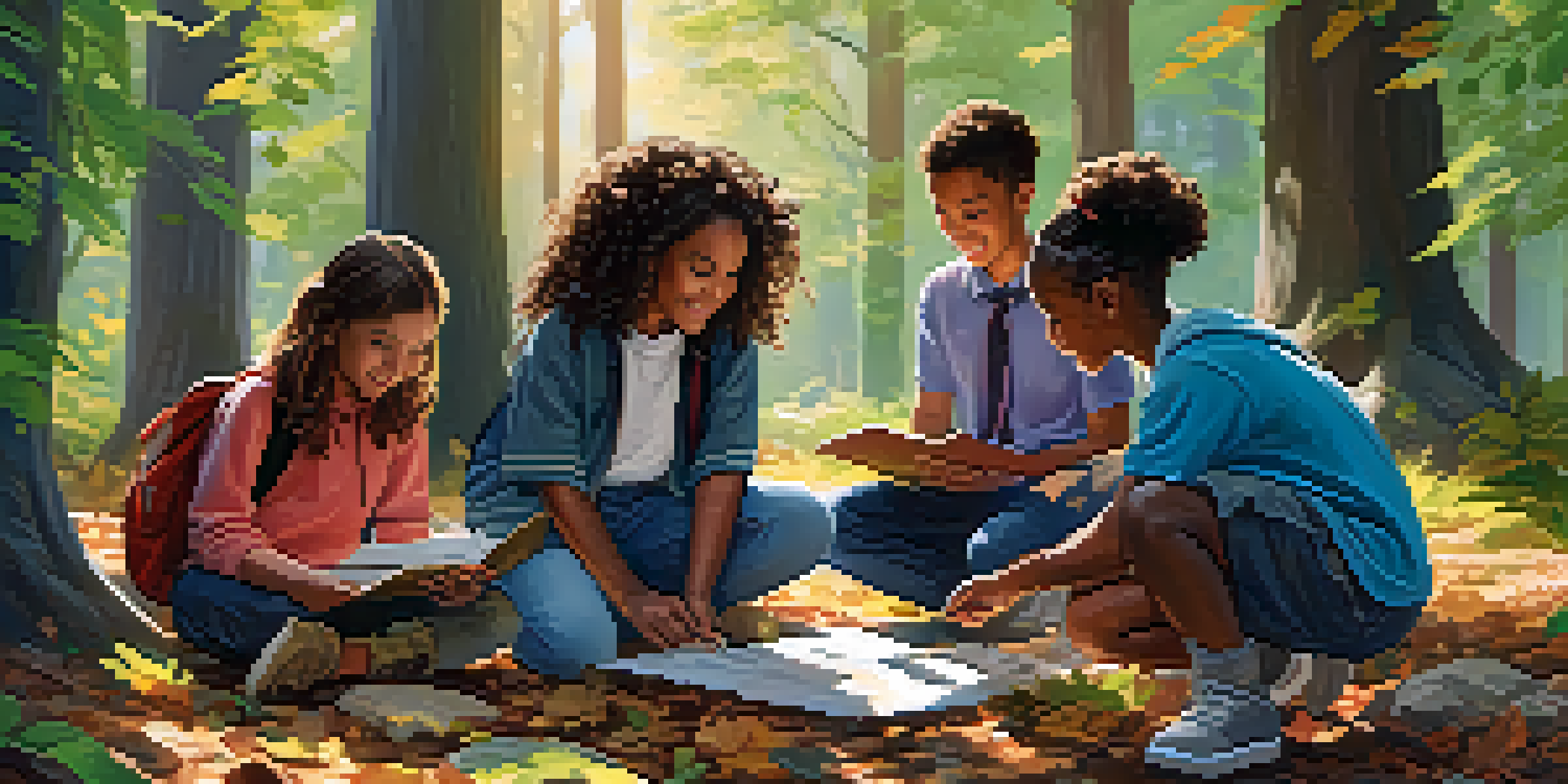 A diverse group of students participating in a nature scavenger hunt in a colorful forest, exploring the natural surroundings with joy and teamwork.