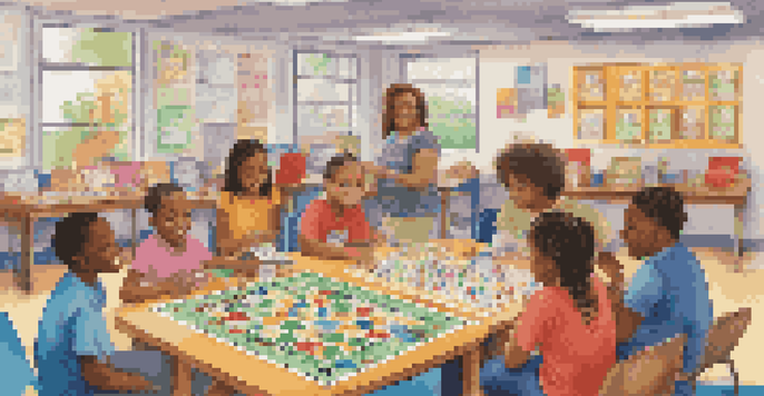 A classroom filled with children playing financial literacy games, including Monopoly and a scavenger hunt with colorful item cards.