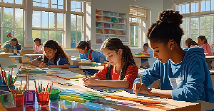 A classroom with diverse students collaborating on a science project, surrounded by colorful materials and natural light.