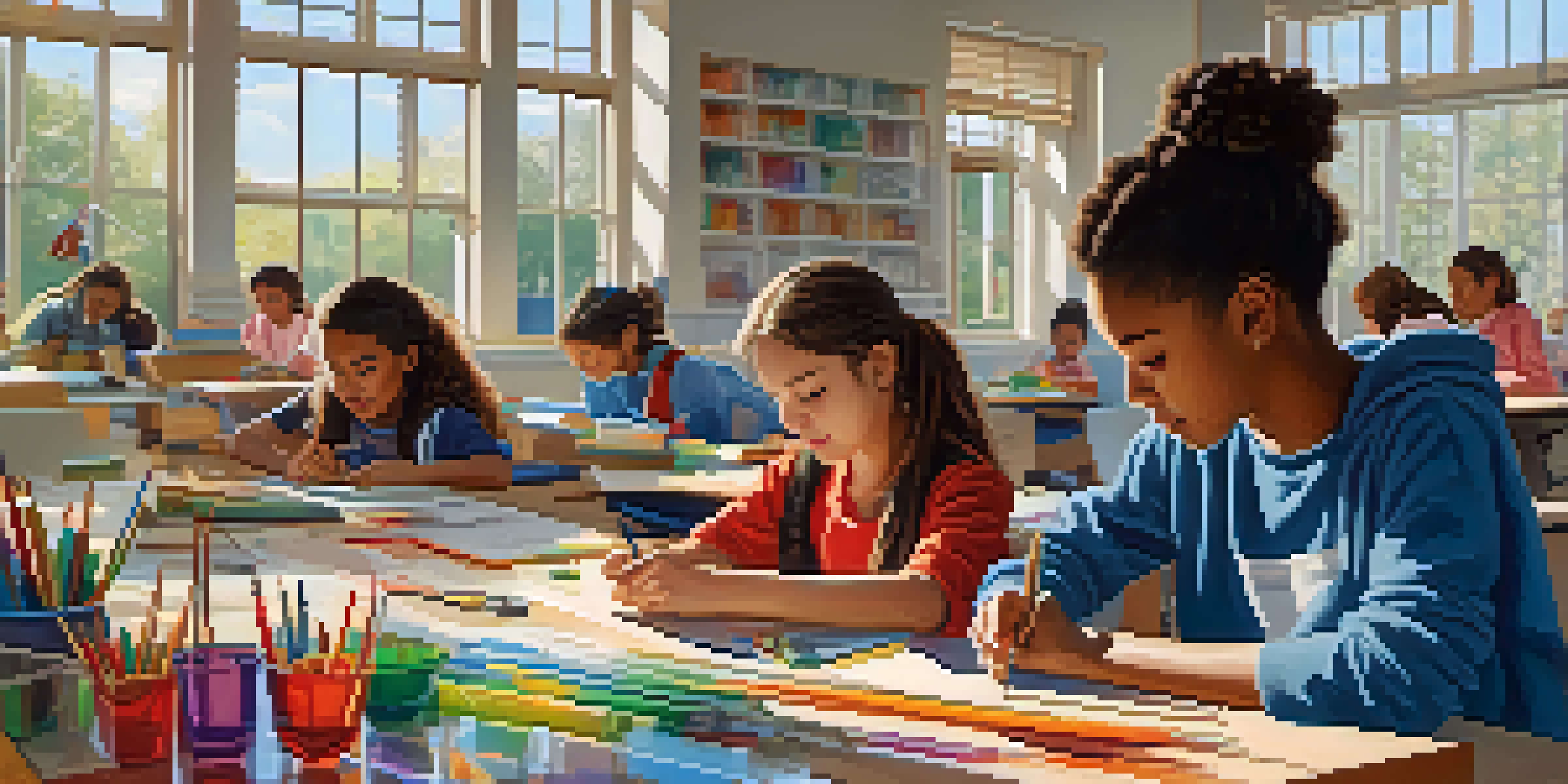 A classroom with diverse students collaborating on a science project, surrounded by colorful materials and natural light.
