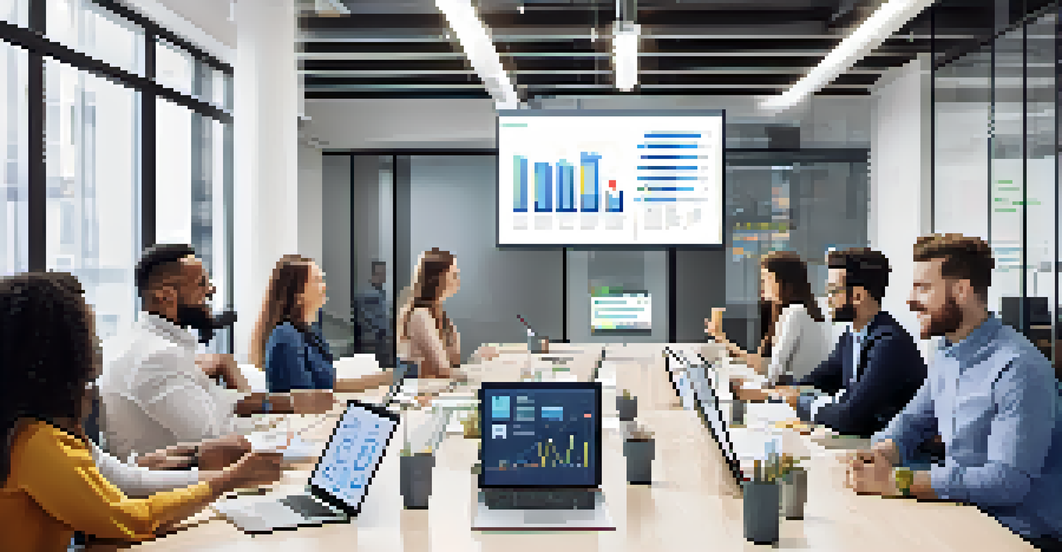 A diverse team in a meeting discussing online reputation management strategies with data visuals on a screen.