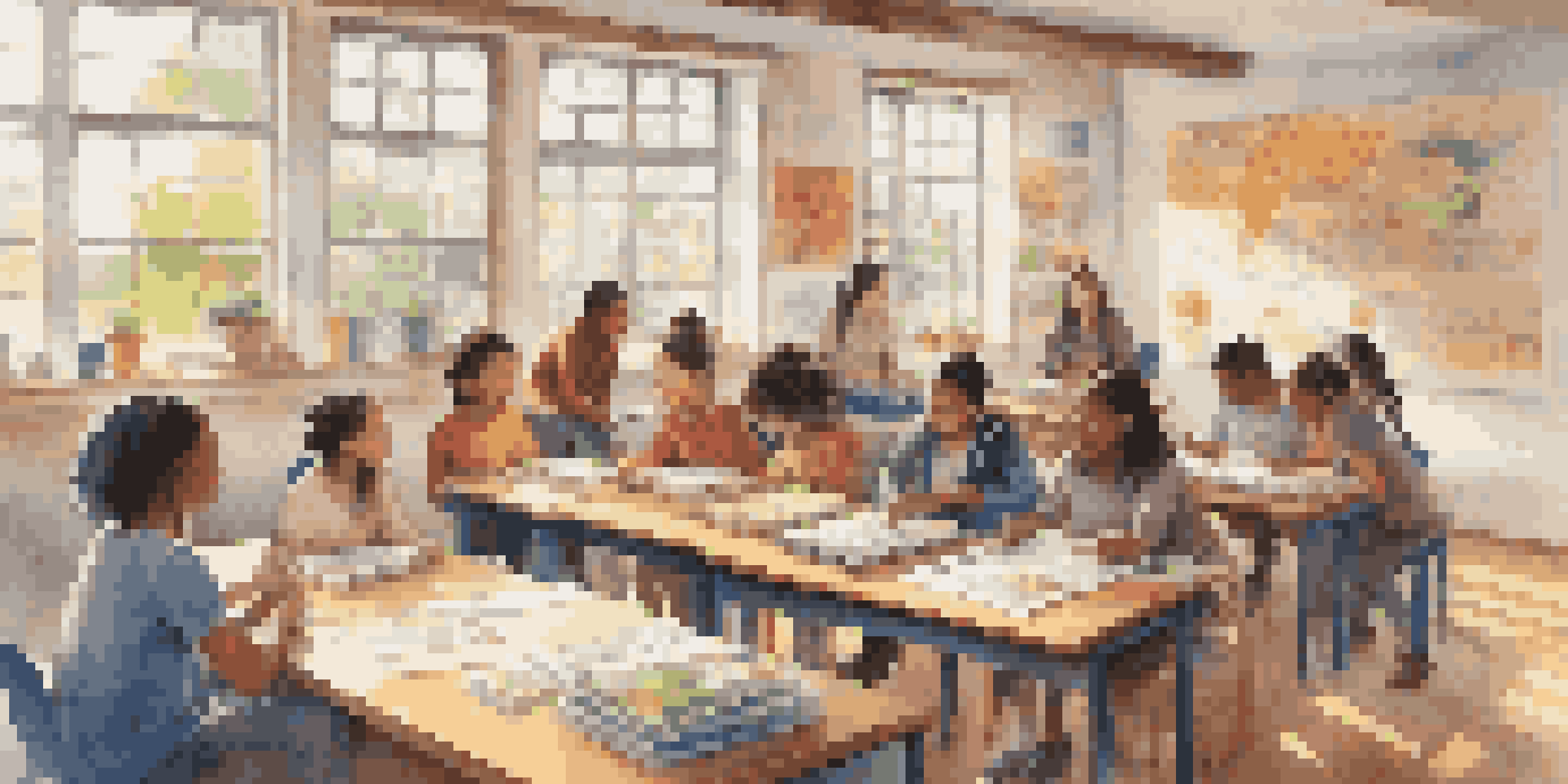 A classroom filled with students from diverse backgrounds working together on a project, with bright sunlight illuminating the space.